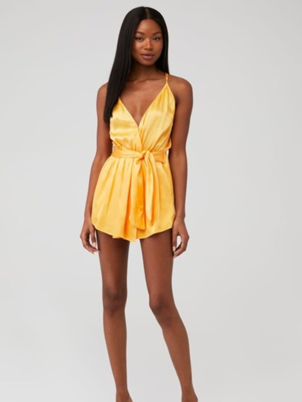 Rays for Days Avery Romper Yellow Satin Wrap Tie XS NWOT